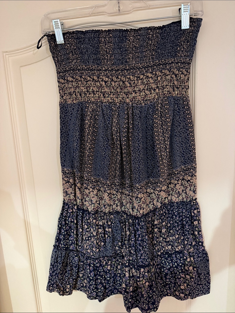 Express Navy and Cream Smocked Strapless Floral Midi Dress